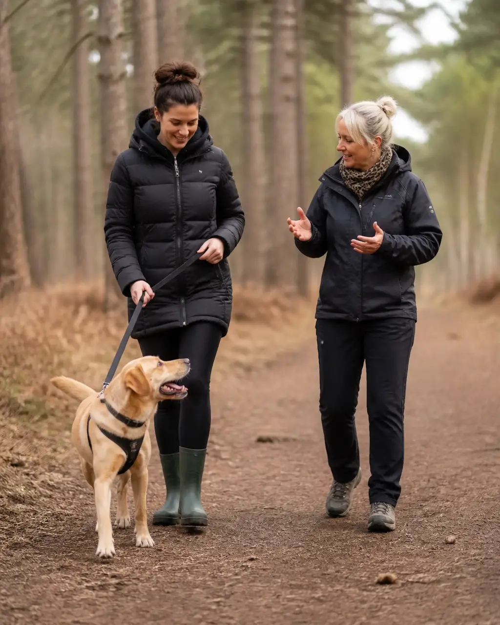 Owner practising calm loose-lead walking with a trainer on a Staffordshire woodland path