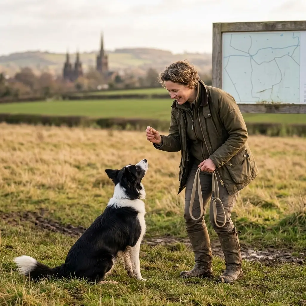 A professional trainer working with a dog in a field