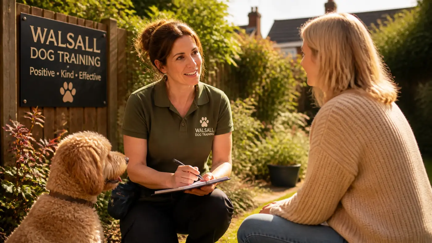 A friendly dog trainer consulting with a pet owner in a sunlit garden in Walsall