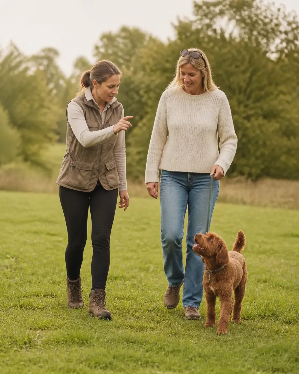 Mobile dog trainer coaching an owner and dog in a calm green space near Lichfield