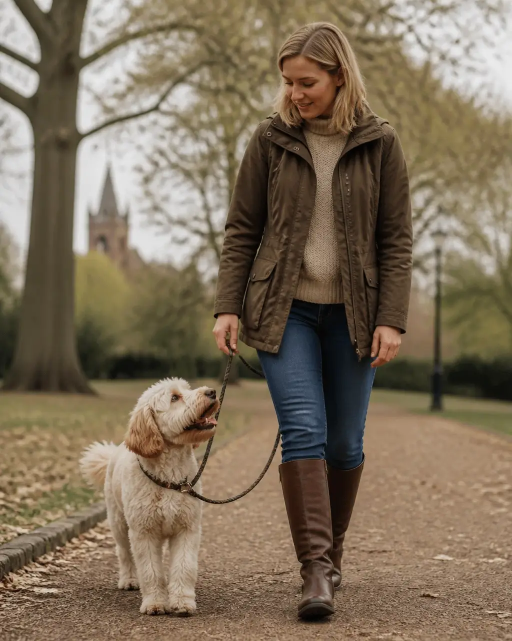 Owner practising loose-lead walking with a relaxed dog in a quiet Lichfield park