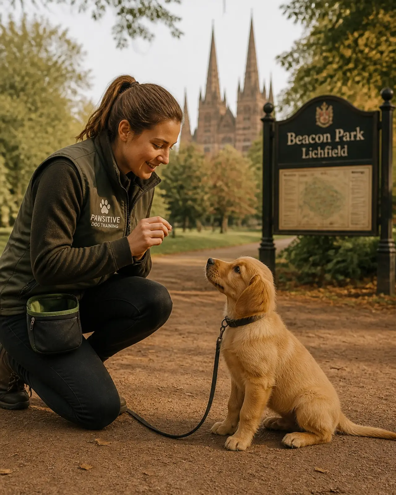 A professional dog trainer guiding a young puppy through basic training exercises in Beacon Park Lichfield
