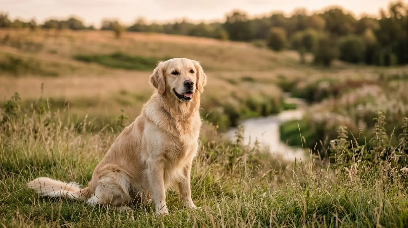 A happy dog sitting in a Rugeley field at golden hour