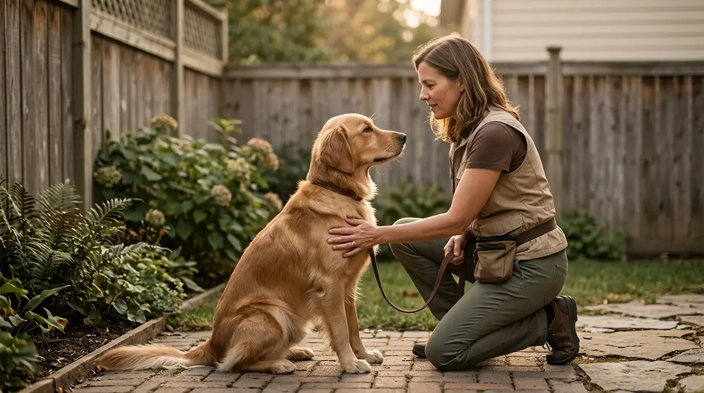 A trainer working one-to-one with a dog in a calm home environment