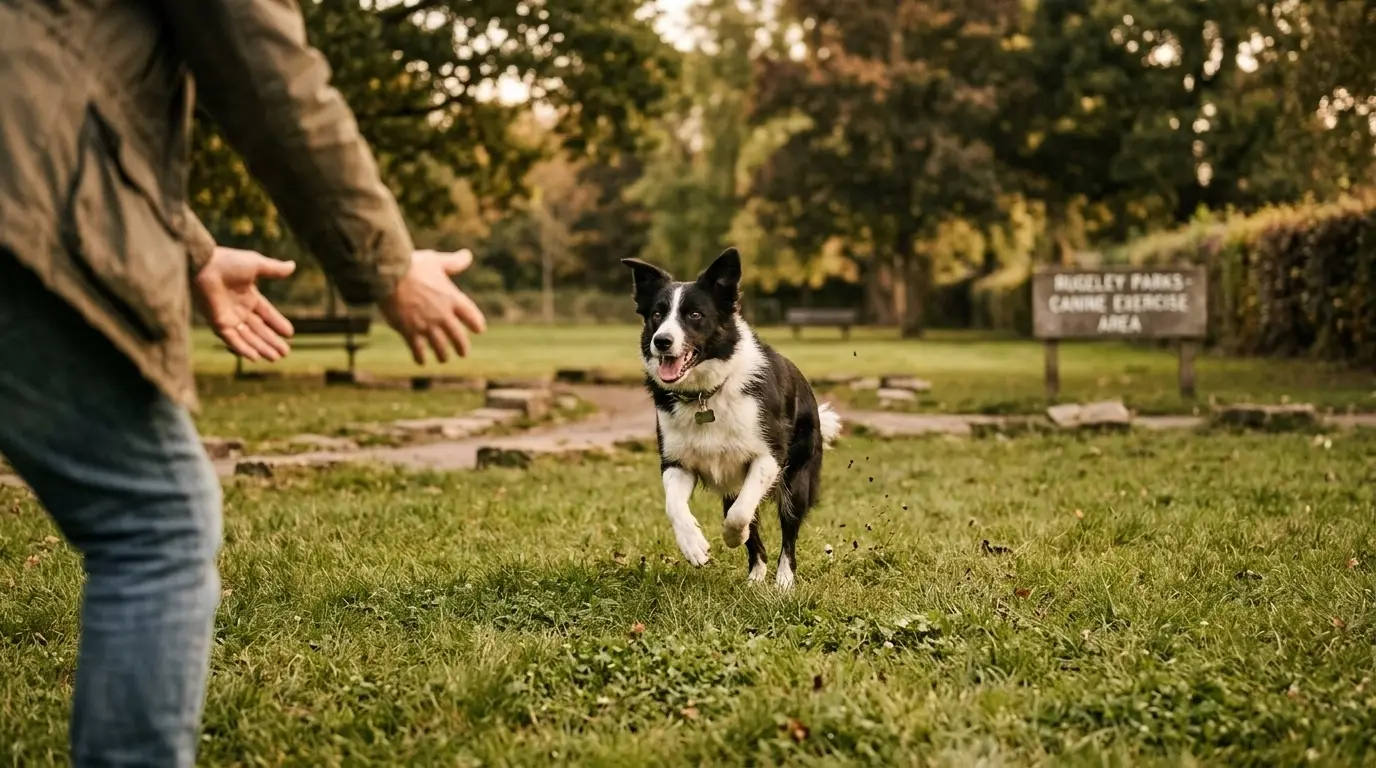 A dog successfully performing a recall in a green park