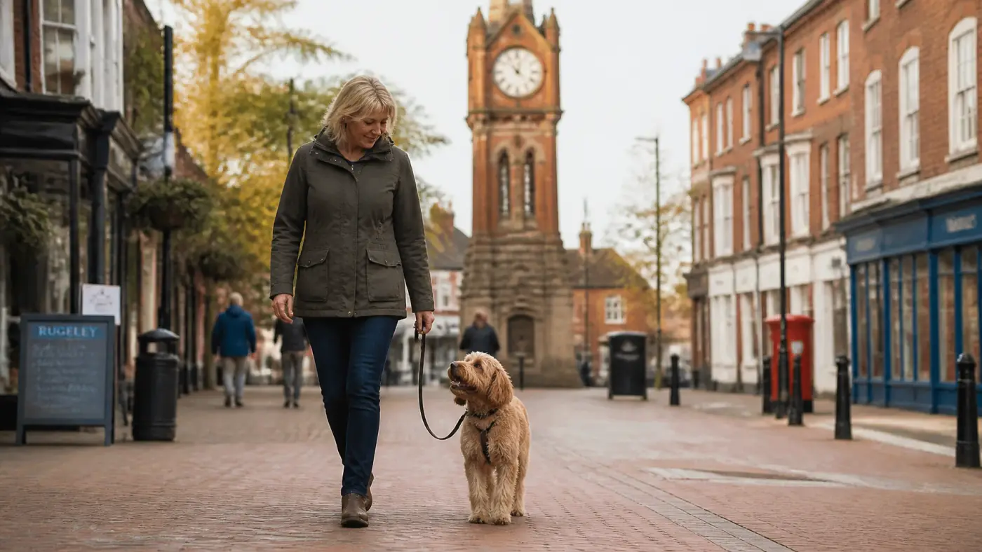A dog walking calmly through Rugeley town centre with the historic clock tower in the background