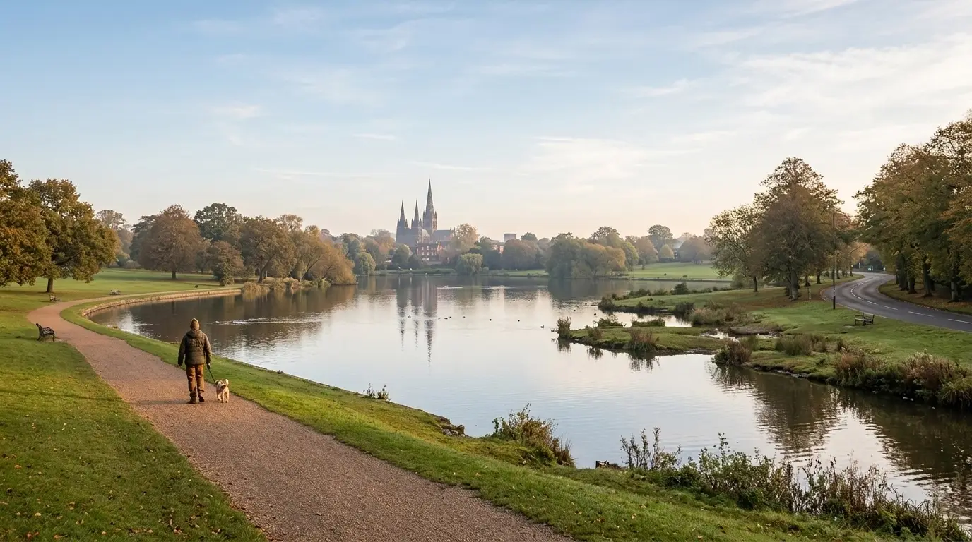 The scenic Stowe Pool with the Cathedral in the background