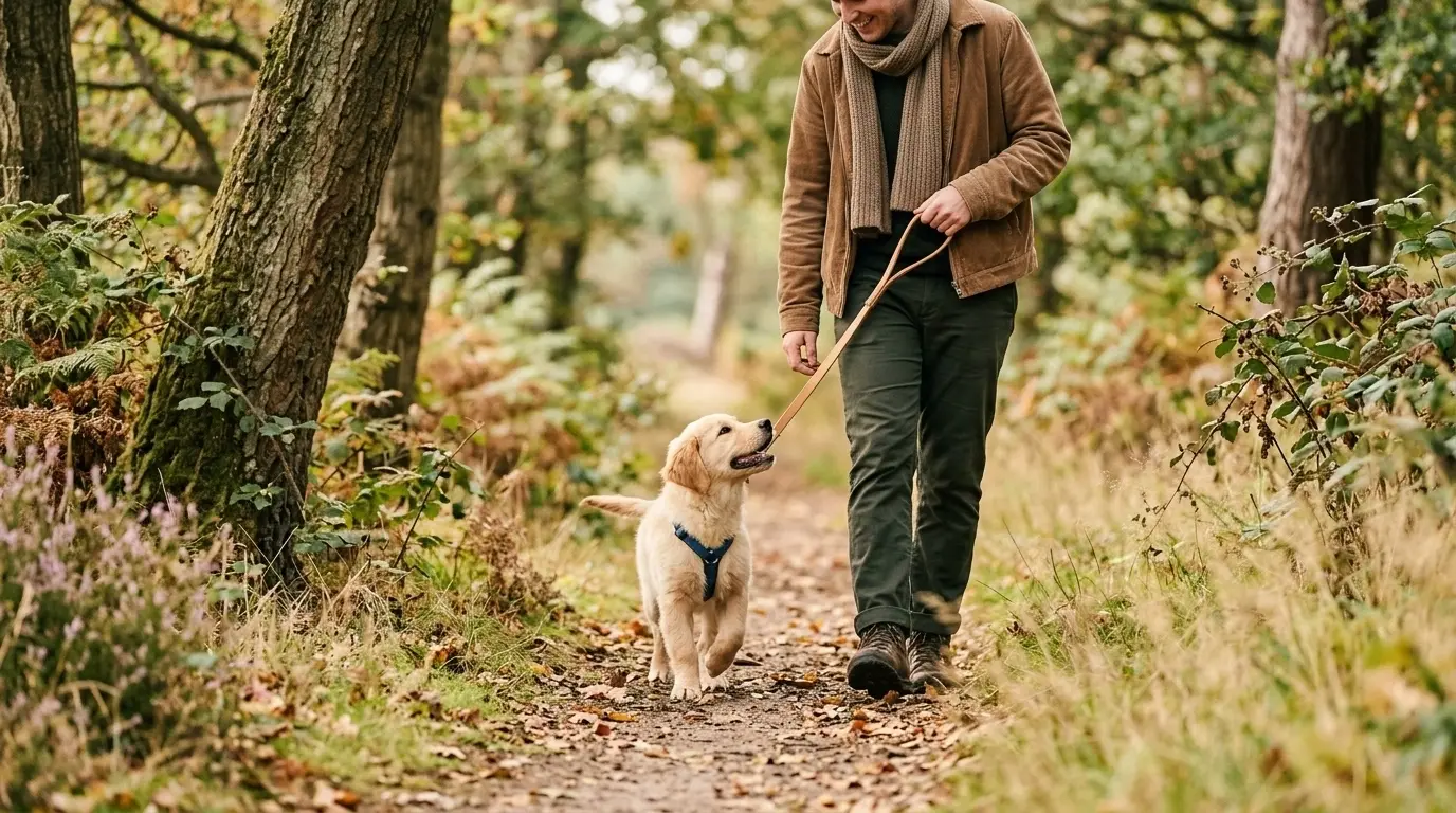 A dog practising calm lead walking outdoors with its owner