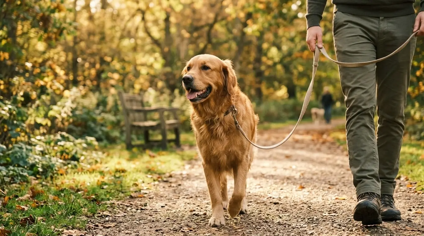 A calm dog walking on a loose lead in a sun-dappled park