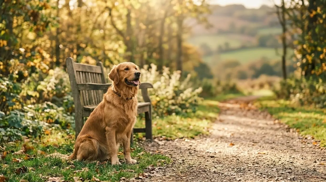 A dog sitting calmly in a Staffordshire park landscape
