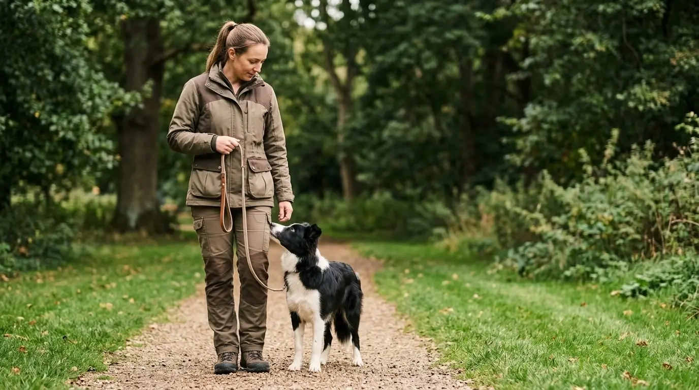 A professional trainer working with a dog on lead walking