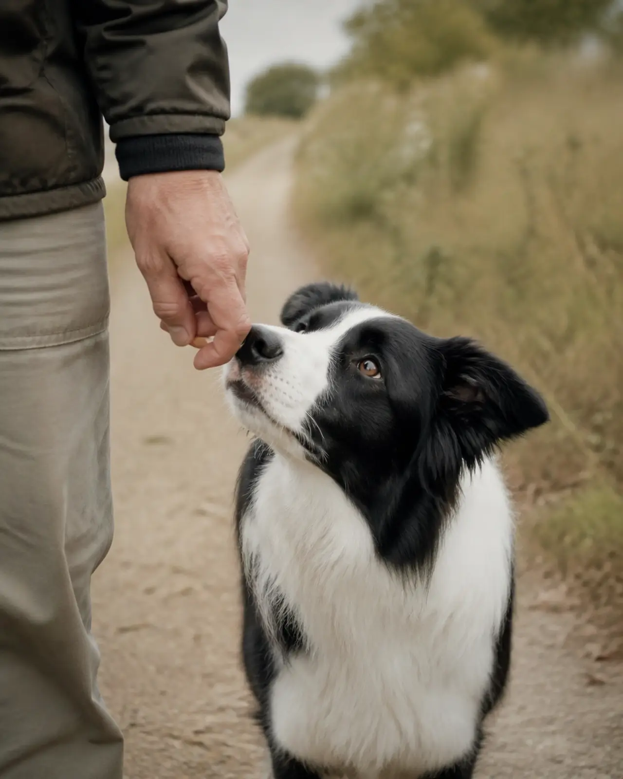 A dog owner delivering a treat to a dog's side to reinforce the correct walking position