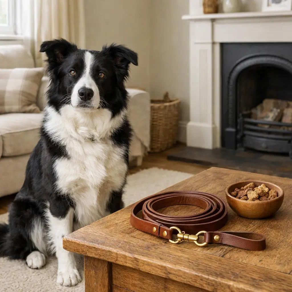 Border Collie prepared for a private dog training session with lead and treats