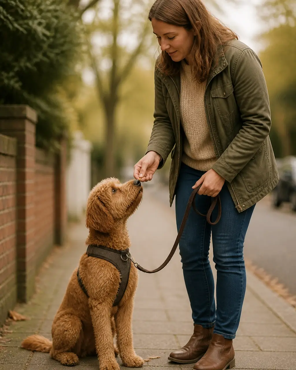 Dog owner calmly rewarding an attentive dog during lead-walking practice