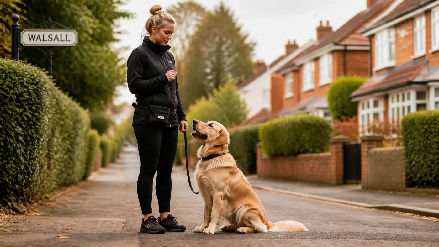 A calm dog owner practicing obedience training with their dog in a quiet residential setting in Walsall