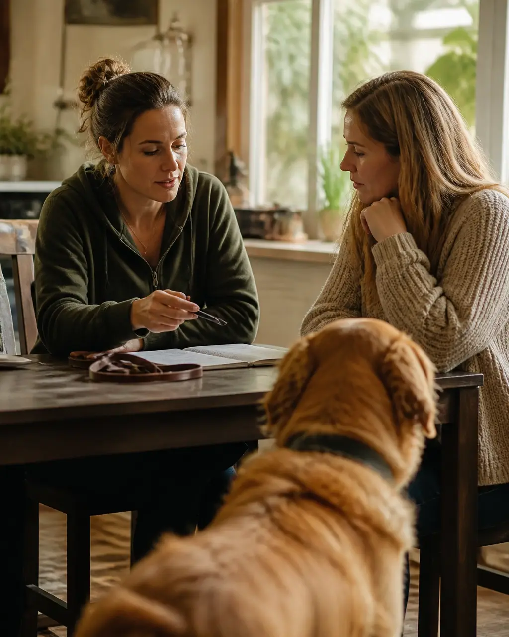Trainer and owner discussing a dog's behaviour during a home consultation