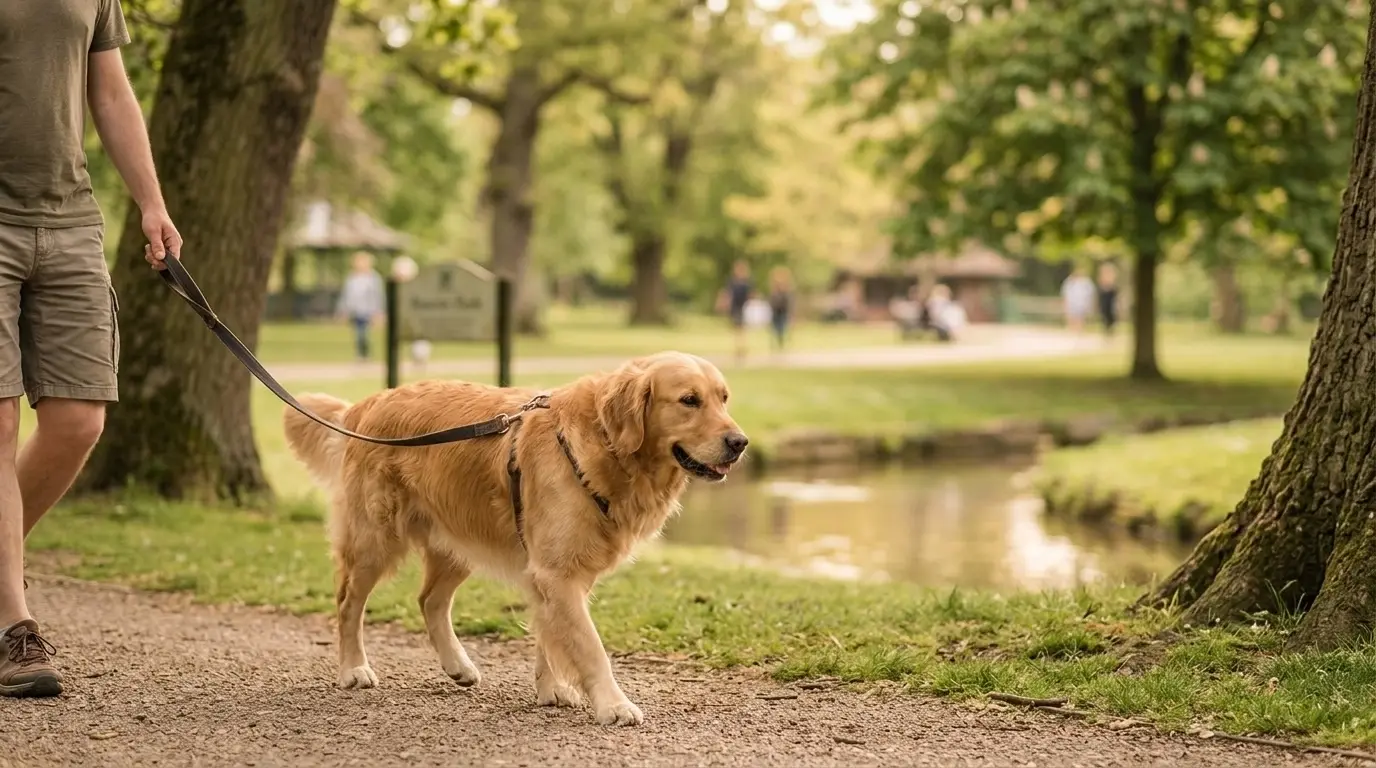 A happy dog walking calmly on a loose lead in a park
