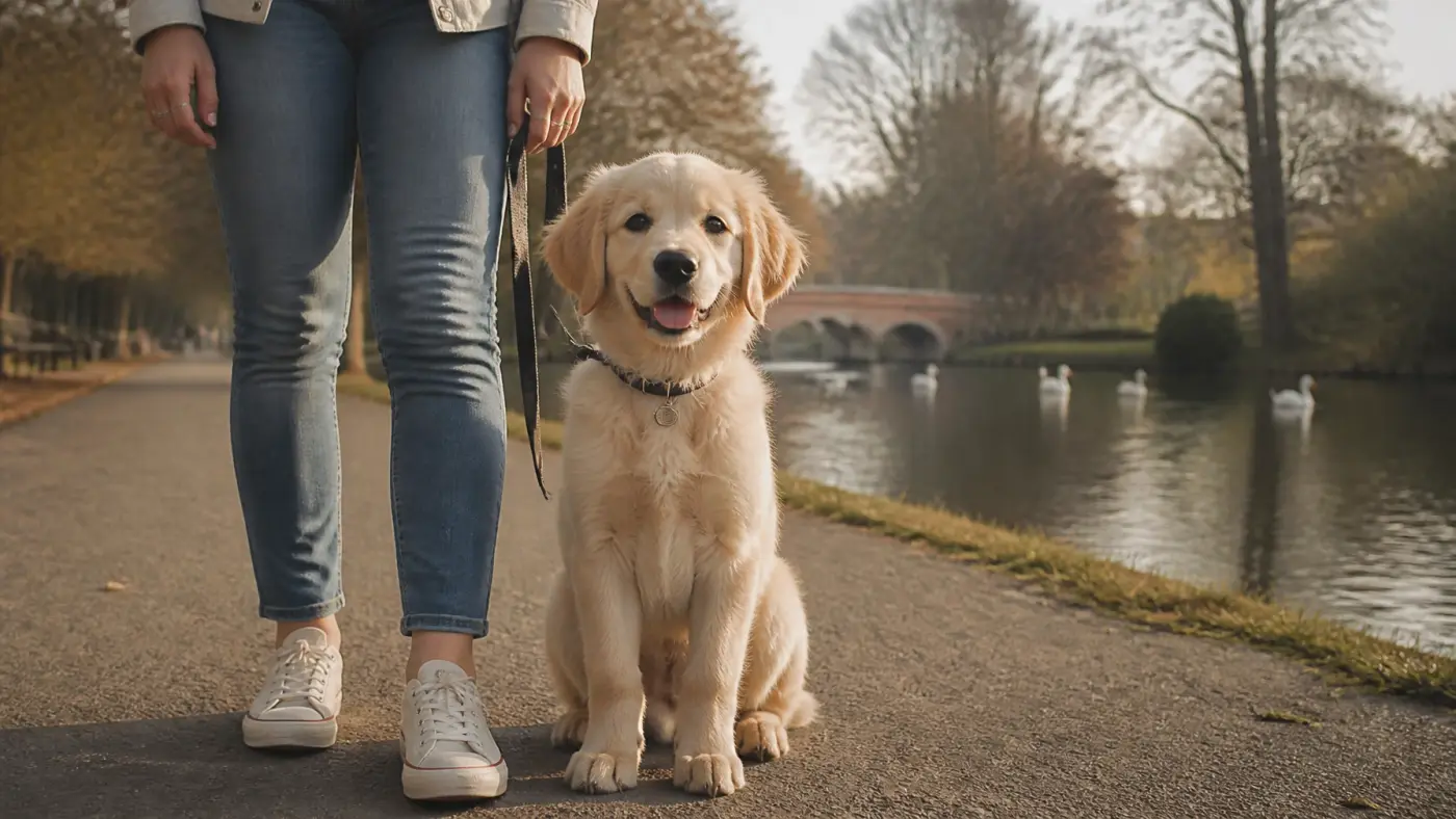 A happy puppy sitting calmly beside its owner near Stowe Pool in Lichfield