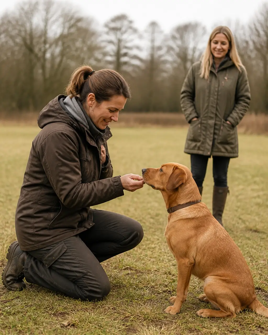 Dog calmly focusing on its owner during outdoor training in Staffordshire